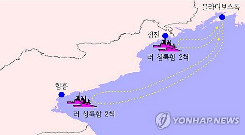국가정보원은 북한이 지난 8일부터 러시아 파병을 위한 특수부대 병력 이동을 시작했다고 밝히며 위성 사진 등 관련 자료를 18일 공개했다. 그래픽은 동해상 러시아 상륙함의 북한 병력 수송활동 요도.    [국가정보원 제공]